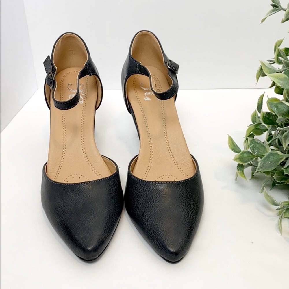 Grey JG heels, with ankle buckle strap, size 5.5